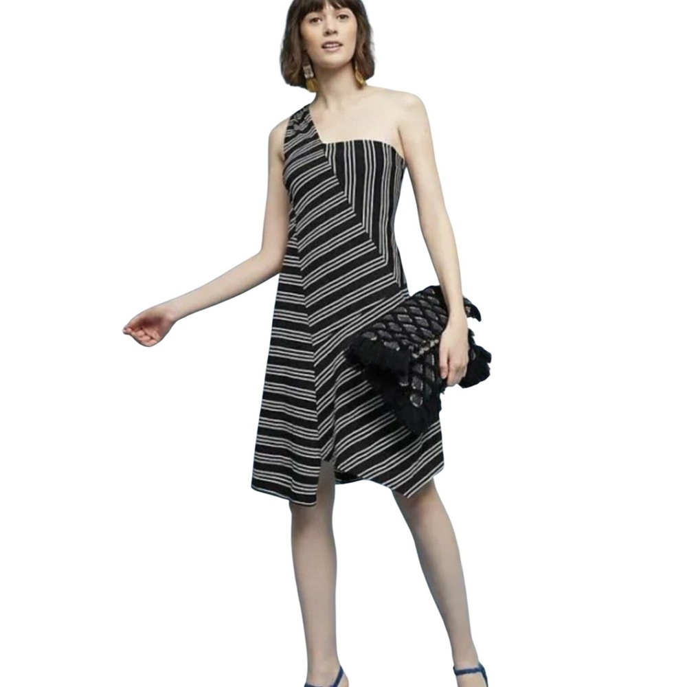 Anthropologie Maeve One Shoulder Striped Knit Dress Black White‎ Size Large
